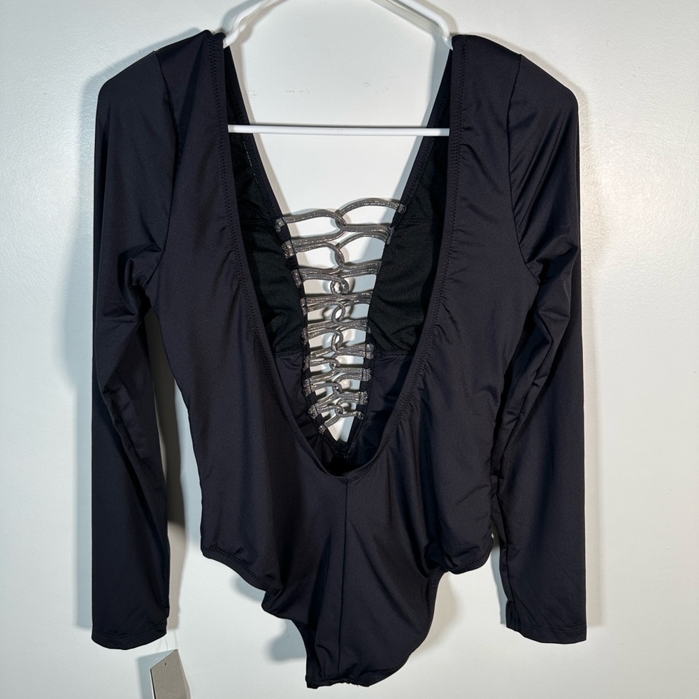 Kenneth Cole One-Piece Swimsuit Plunging Lace-Up Front Long-Sleeve Size L Black - Picture 13 of 14